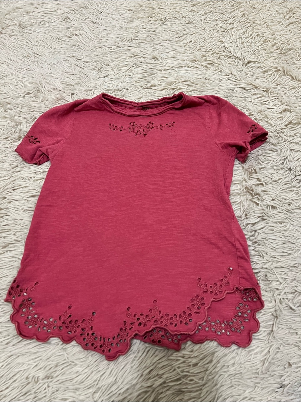 Free People Rose Pink Laser-Cut Hem Short Sleeve Tee